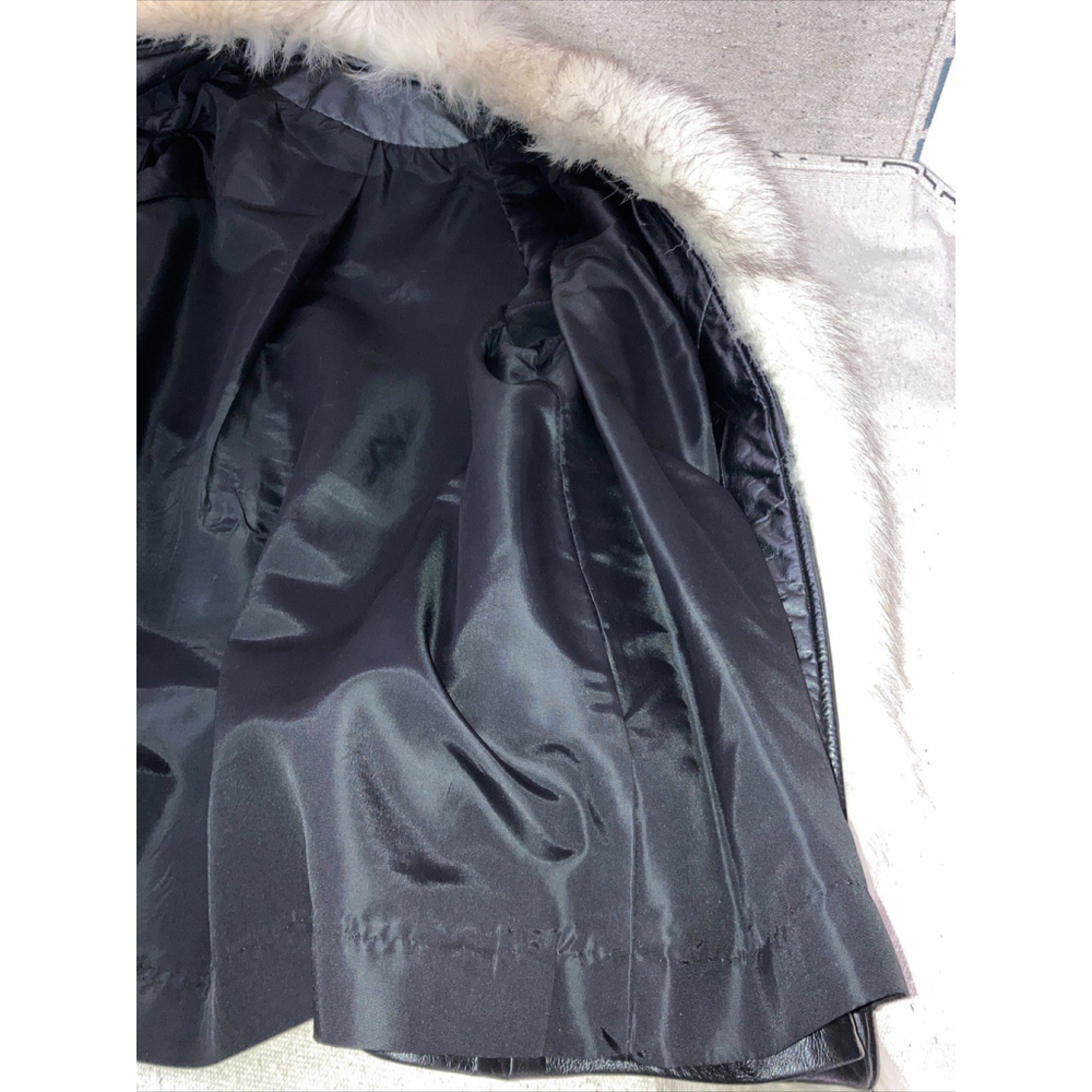 Vintage 60s Leather Penny Lane Fox Fur Collar Front Cuffs Trim Swing Coat Jacket - Picture 7 of 16
